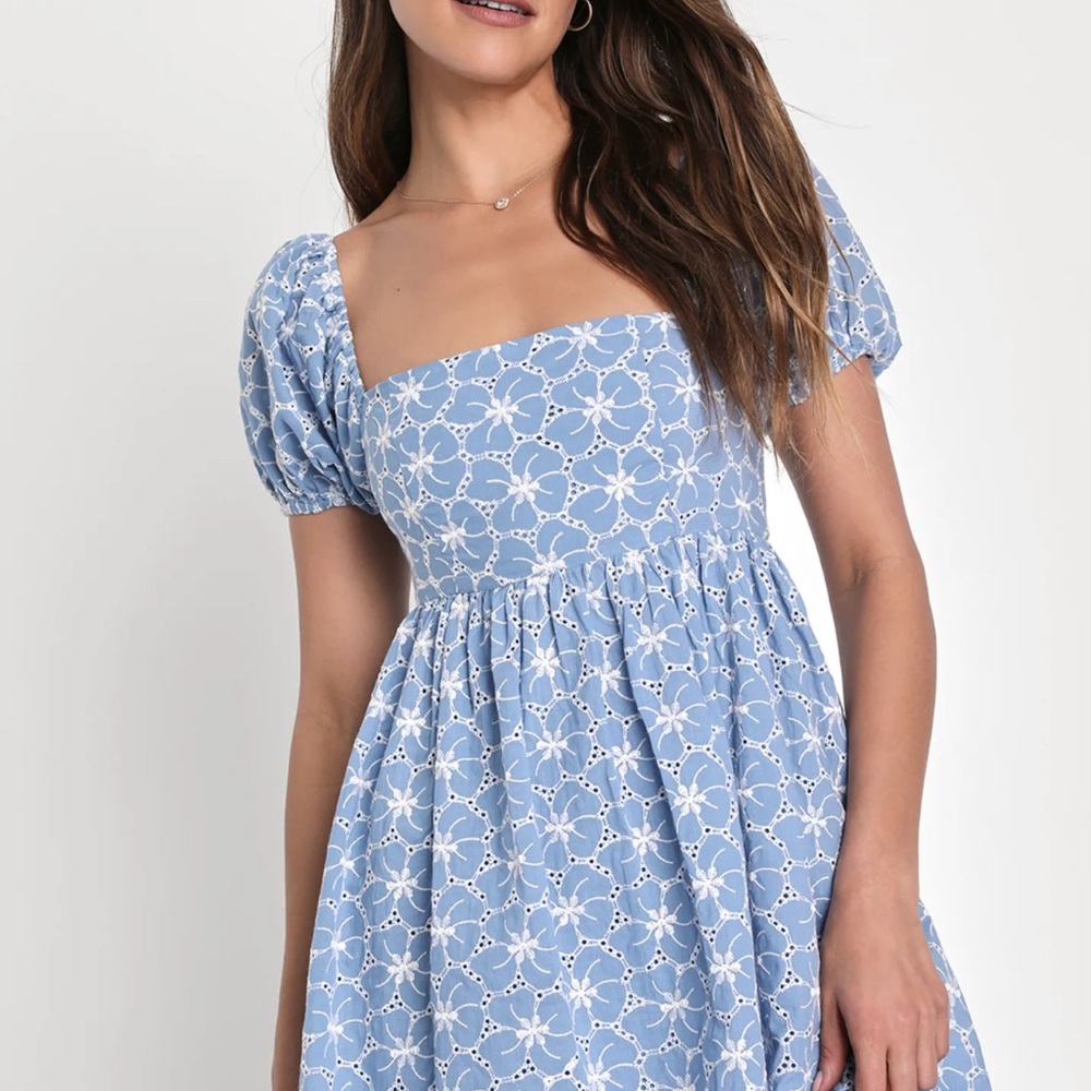 Lulu's Blue Lace Puff Sleeve Mini Dress